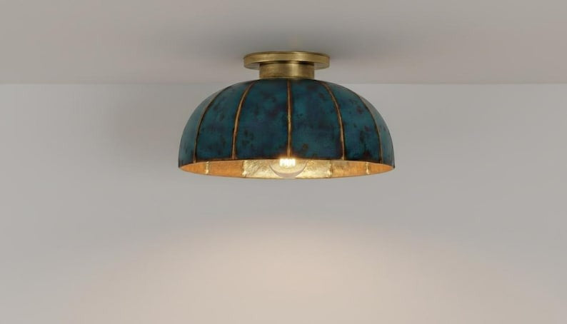 Handmade Moroccan Brass Flush Mount Ceiling Light – Turquoise Verdigris Patina Dome Fixture with Gold Interior