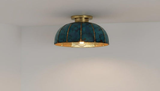 Handmade Moroccan Brass Flush Mount Ceiling Light – Turquoise Verdigris Patina Dome Fixture with Gold Interior