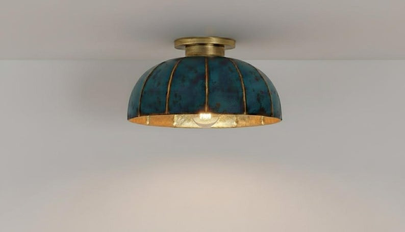 Handmade Moroccan Brass Flush Mount Ceiling Light – Turquoise Verdigris Patina Dome Fixture with Gold Interior