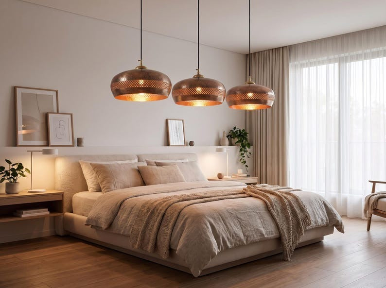 Set of 3 Handmade Moroccan Brass Pendant Lights – Hammered Copper Finish Round Ceiling Lamps with Pierced Geometric Design, Kitchen Island Lighting