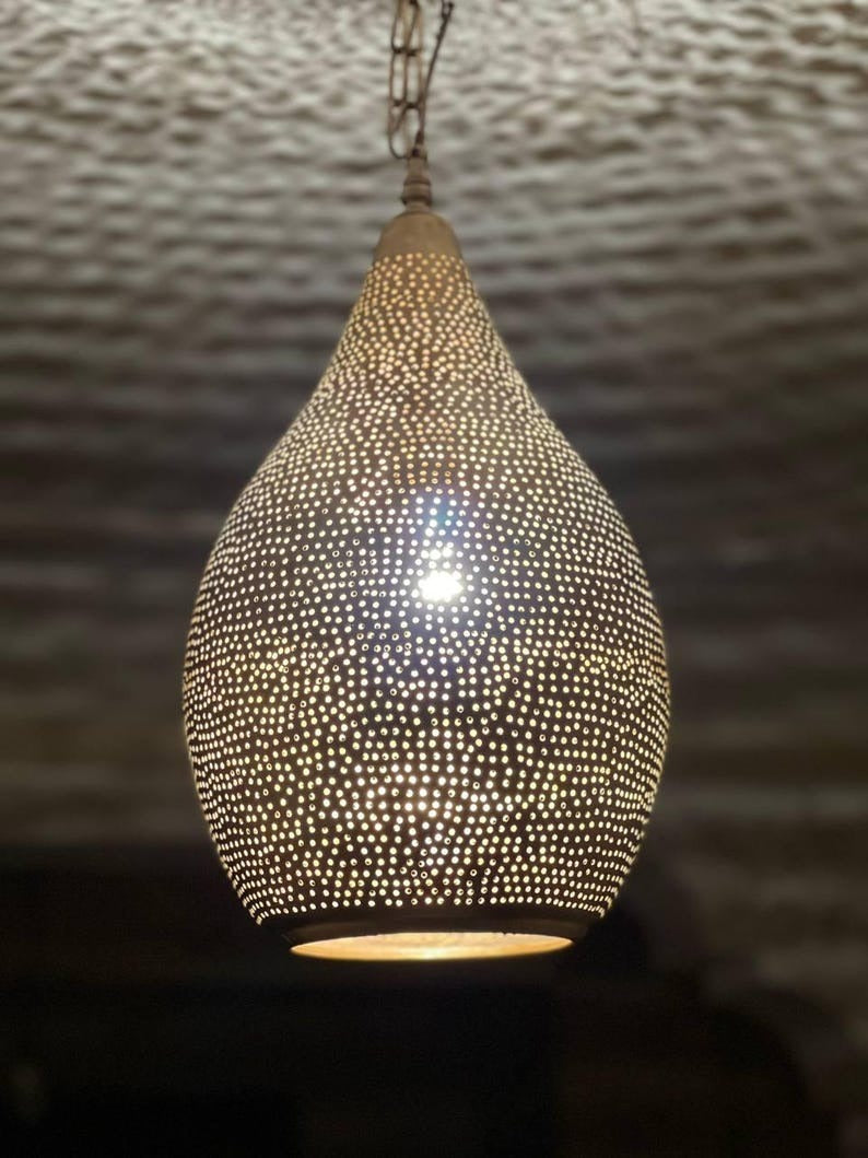 Handmade Brass Teardrop Pendant Light – Moroccan Pierced Brass Hanging Lamp, Boho Shadow Ceiling Light, Artisan Moroccan Pendant Fixture