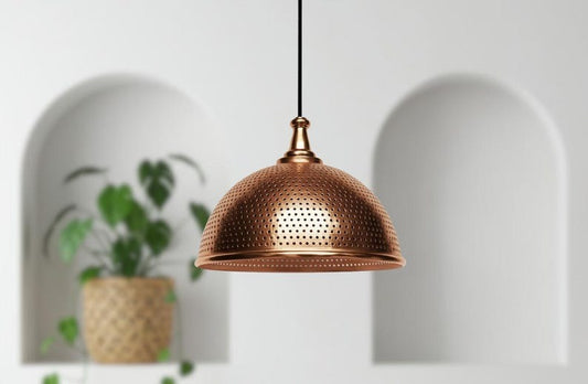 Handmade Moroccan Brass Dome Pendant Light – Perforated Copper Brass Hanging Lamp with Vintage Top Detail, Boho Mediterranean Ceiling Light for Kitchen Island, Dining Room, Bedroom & Entryway