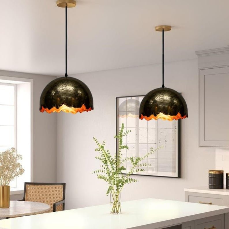 Dark Antique Brass Wavy Edge Pendant Light, Handmade Moroccan Scalloped Dome Chandelier, Rustic Blackened Brass Kitchen Island Hanging Lamp, Boho Farmhouse Ceiling Light Fixture
