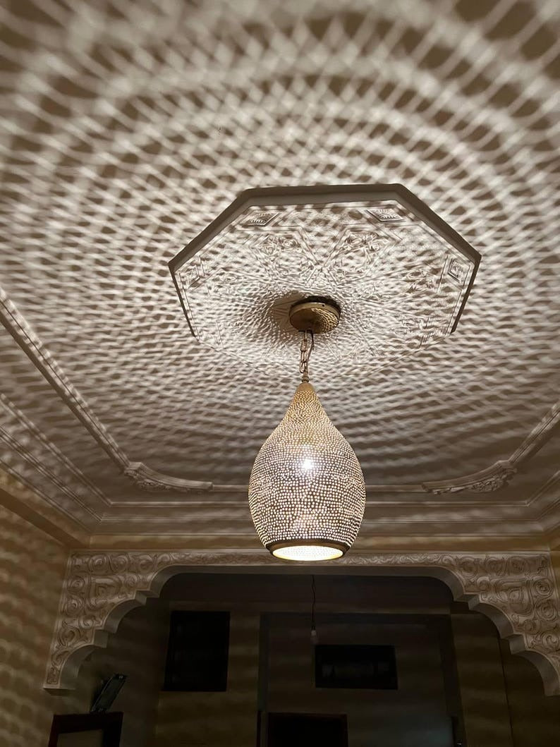 Handmade Brass Teardrop Pendant Light – Moroccan Pierced Brass Hanging Lamp, Boho Shadow Ceiling Light, Artisan Moroccan Pendant Fixture