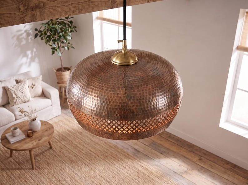 Set of 3 Handmade Moroccan Brass Pendant Lights – Hammered Copper Finish Round Ceiling Lamps with Pierced Geometric Design, Kitchen Island Lighting