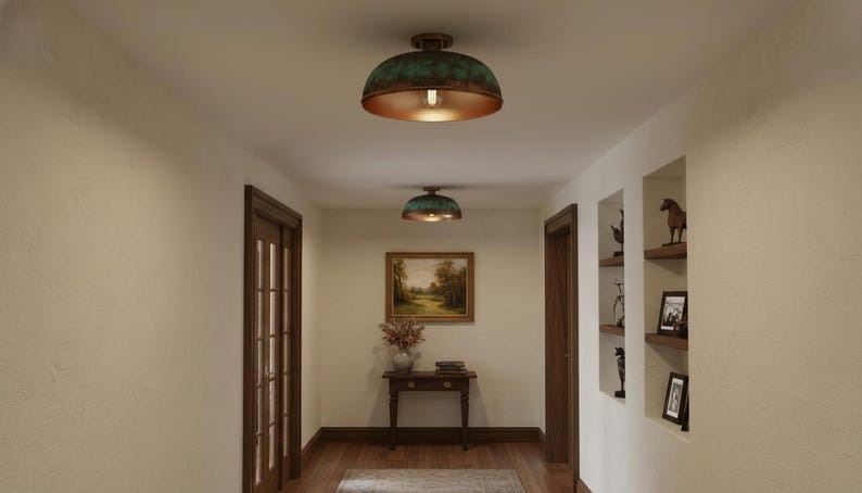 Handmade Moroccan Brass Flush Mount Ceiling Light – Large Green Verdigris Dome Fixture with Antique Copper Finish and Braided Edge