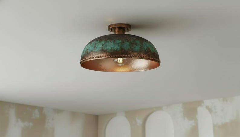 Handmade Moroccan Brass Flush Mount Ceiling Light – Large Green Verdigris Dome Fixture with Antique Copper Finish and Braided Edge