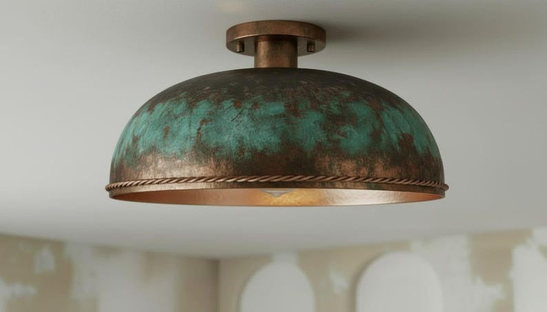 Handmade Moroccan Brass Flush Mount Ceiling Light – Large Green Verdigris Dome Fixture with Antique Copper Finish and Braided Edge