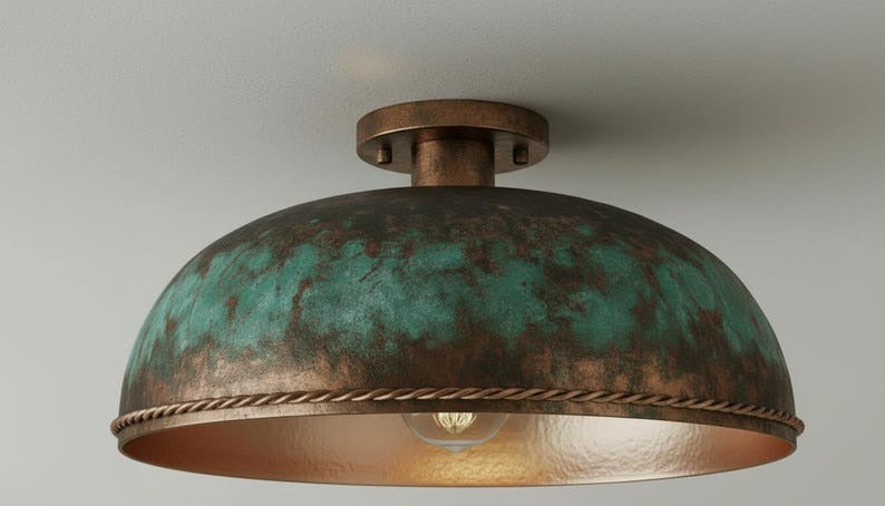 Handmade Moroccan Brass Flush Mount Ceiling Light – Large Green Verdigris Dome Fixture with Antique Copper Finish and Braided Edge
