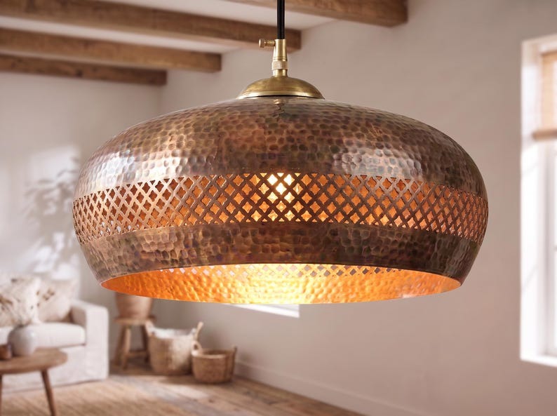 Set of 3 Handmade Moroccan Brass Pendant Lights – Hammered Copper Finish Round Ceiling Lamps with Pierced Geometric Design, Kitchen Island Lighting