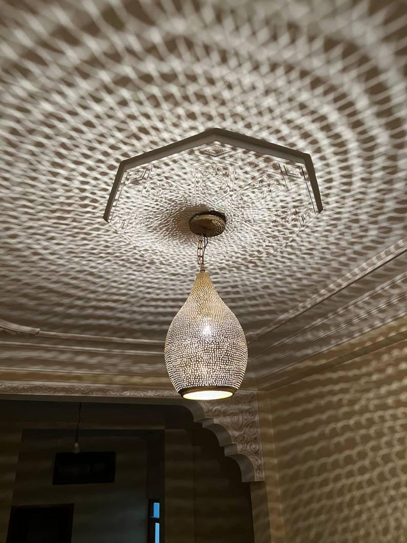 Handmade Brass Teardrop Pendant Light – Moroccan Pierced Brass Hanging Lamp, Boho Shadow Ceiling Light, Artisan Moroccan Pendant Fixture