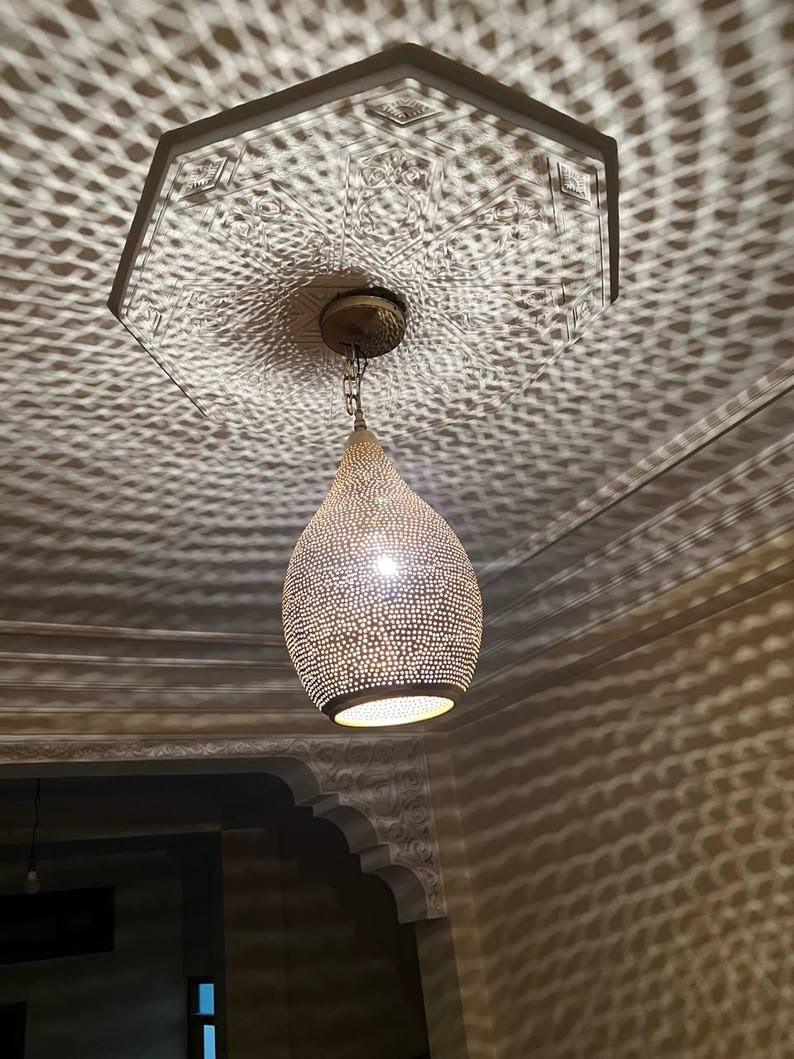 Handmade Brass Teardrop Pendant Light – Moroccan Pierced Brass Hanging Lamp, Boho Shadow Ceiling Light, Artisan Moroccan Pendant Fixture