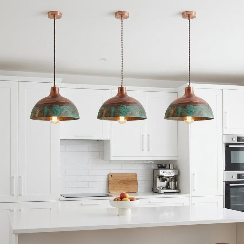 Handmade Moroccan Brass Dome Pendant Light – Aged Copper and Green Verdigris Patina Hanging Lamp, Rustic Boho Ceiling Light for Kitchen Island, Dining Room & Living Room
