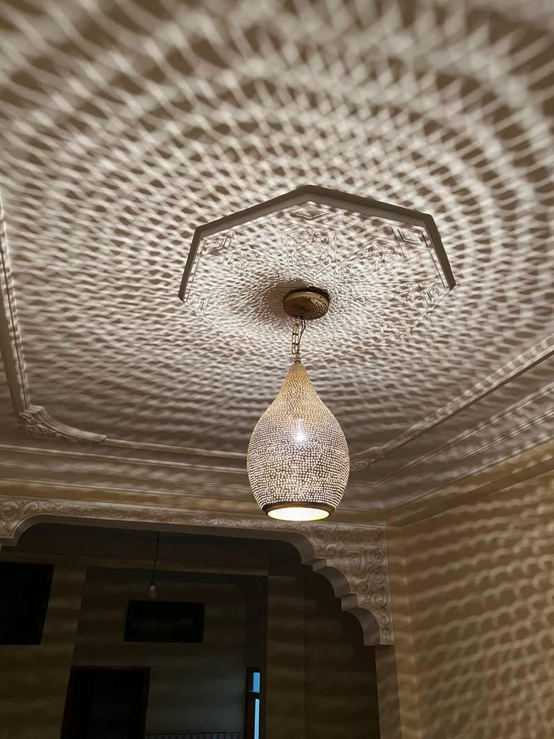 Handmade Brass Teardrop Pendant Light – Moroccan Pierced Brass Hanging Lamp, Boho Shadow Ceiling Light, Artisan Moroccan Pendant Fixture