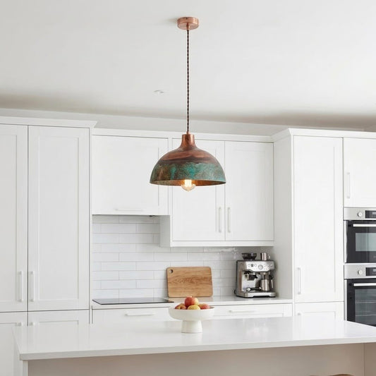 Handmade Moroccan Brass Dome Pendant Light – Aged Copper and Green Verdigris Patina Hanging Lamp, Rustic Boho Ceiling Light for Kitchen Island, Dining Room & Living Room