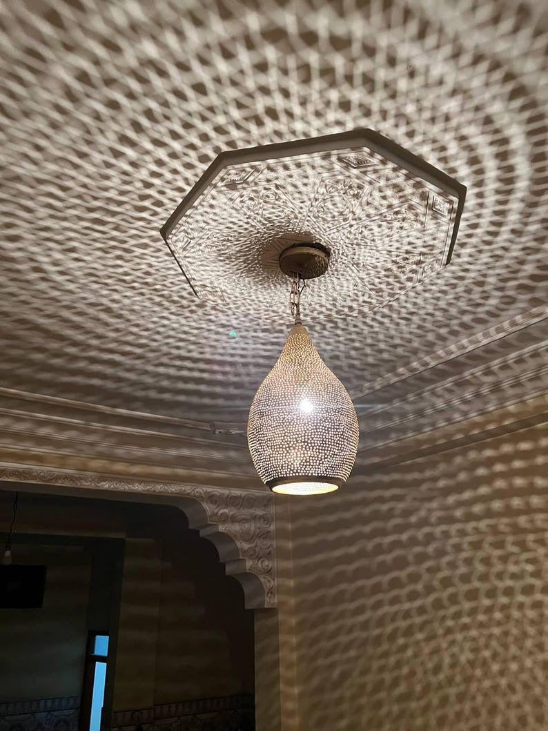 Handmade Brass Teardrop Pendant Light – Moroccan Pierced Brass Hanging Lamp, Boho Shadow Ceiling Light, Artisan Moroccan Pendant Fixture