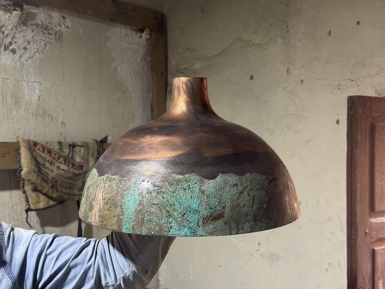 Handmade Moroccan Brass Dome Pendant Light – Aged Copper and Green Verdigris Patina Hanging Lamp, Rustic Boho Ceiling Light for Kitchen Island, Dining Room & Living Room
