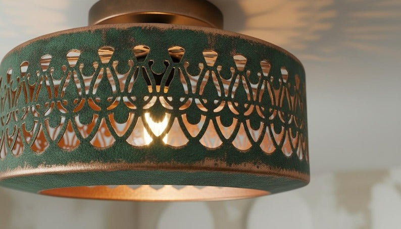 Handmade Moroccan Brass Semi-Flush Mount Ceiling Light – Green Verdigris Pierced Drum Fixture with Moorish Scalloped Cutout Design