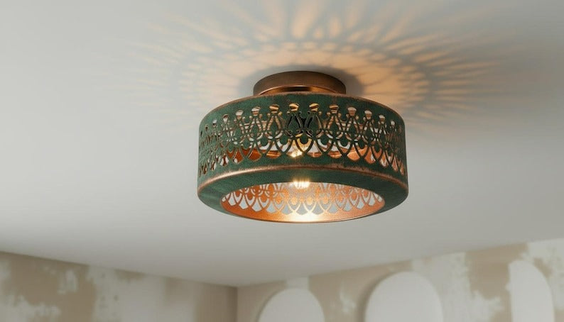 Handmade Moroccan Brass Semi-Flush Mount Ceiling Light – Green Verdigris Pierced Drum Fixture with Moorish Scalloped Cutout Design