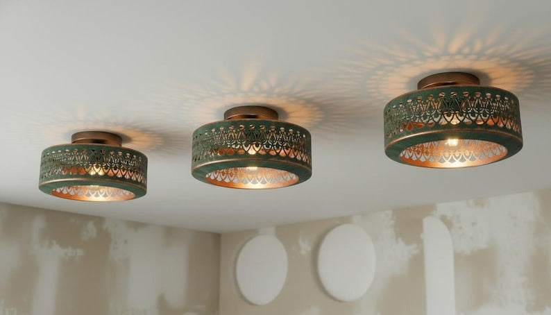 Handmade Moroccan Brass Semi-Flush Mount Ceiling Light – Green Verdigris Pierced Drum Fixture with Moorish Scalloped Cutout Design