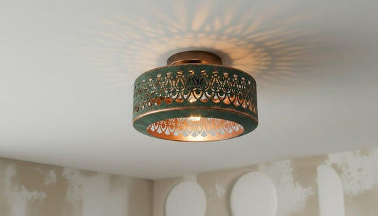 Handmade Moroccan Brass Semi-Flush Mount Ceiling Light – Green Verdigris Pierced Drum Fixture with Moorish Scalloped Cutout Design
