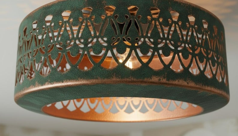 Handmade Moroccan Brass Semi-Flush Mount Ceiling Light – Green Verdigris Pierced Drum Fixture with Moorish Scalloped Cutout Design