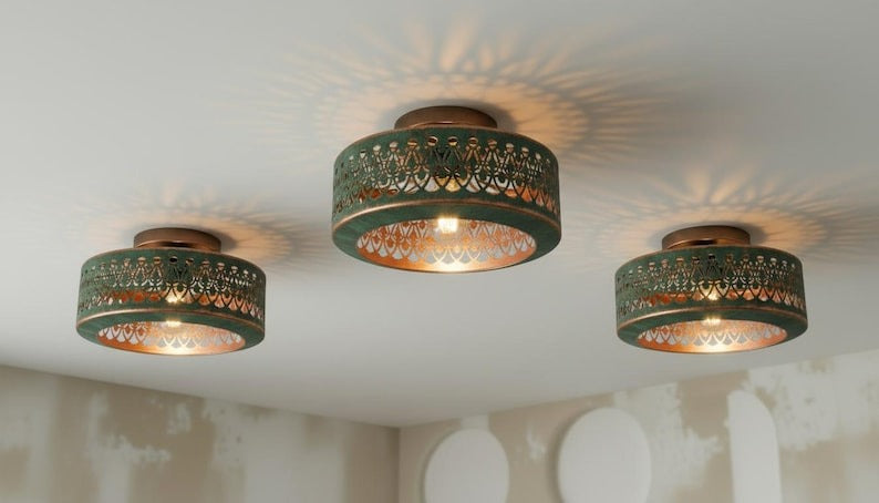Handmade Moroccan Brass Semi-Flush Mount Ceiling Light – Green Verdigris Pierced Drum Fixture with Moorish Scalloped Cutout Design