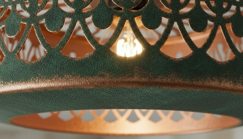 Handmade Moroccan Brass Semi-Flush Mount Ceiling Light – Green Verdigris Pierced Drum Fixture with Moorish Scalloped Cutout Design