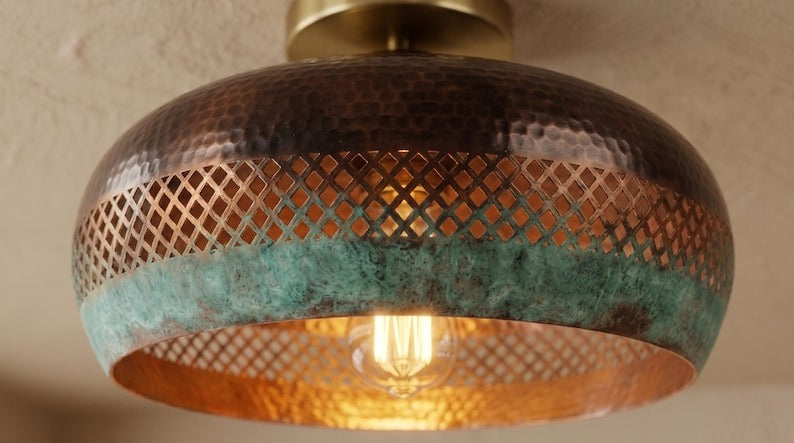 Handmade Moroccan Brass Semi-Flush Mount Ceiling Light – Hammered Copper Dome with Green Verdigris and Pierced Lattice Design