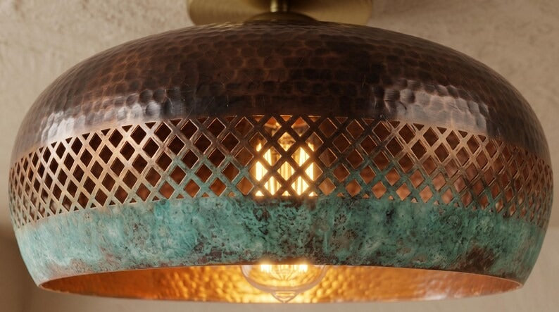Handmade Moroccan Brass Semi-Flush Mount Ceiling Light – Hammered Copper Dome with Green Verdigris and Pierced Lattice Design