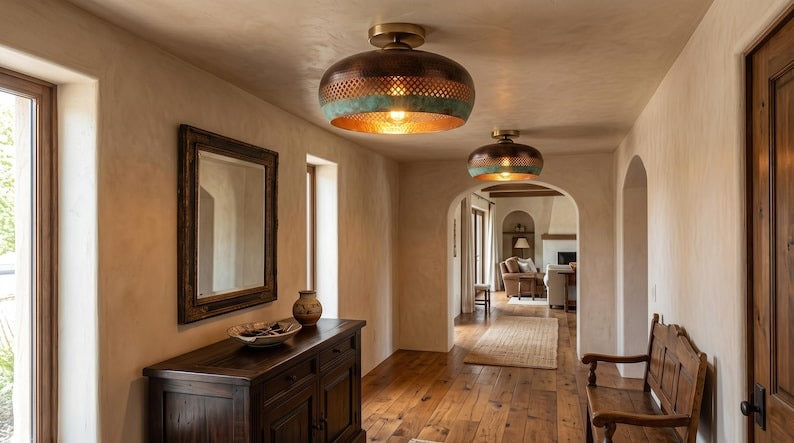 Handmade Moroccan Brass Semi-Flush Mount Ceiling Light – Hammered Copper Dome with Green Verdigris and Pierced Lattice Design