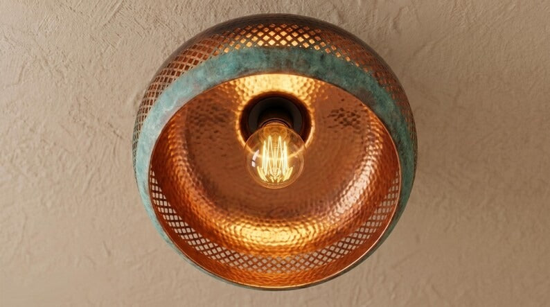 Handmade Moroccan Brass Semi-Flush Mount Ceiling Light – Hammered Copper Dome with Green Verdigris and Pierced Lattice Design