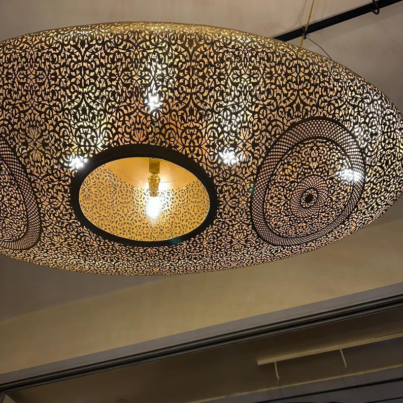 Large Moroccan Pierced Brass Oval Pendant Light, Handmade Moorish Filigree Chandelier, Boho Arabic Shadow Lamp, Luxury Gold Ceiling Light Fixture
