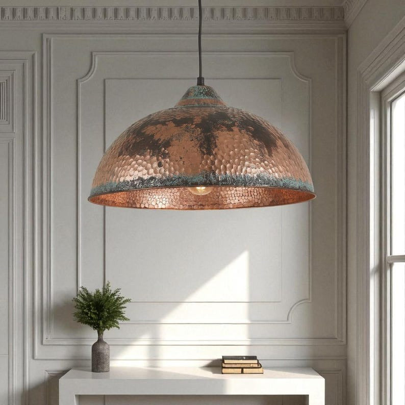 Handmade Moroccan Brass Pendant Light – Oversized Hammered Dome Ceiling Lamp with Antique Copper Finish, Verdigris Patina & Rustic Aged Texture