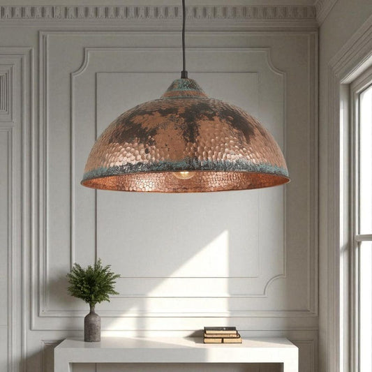 Handmade Moroccan Brass Pendant Light – Oversized Hammered Dome Ceiling Lamp with Antique Copper Finish, Verdigris Patina & Rustic Aged Texture