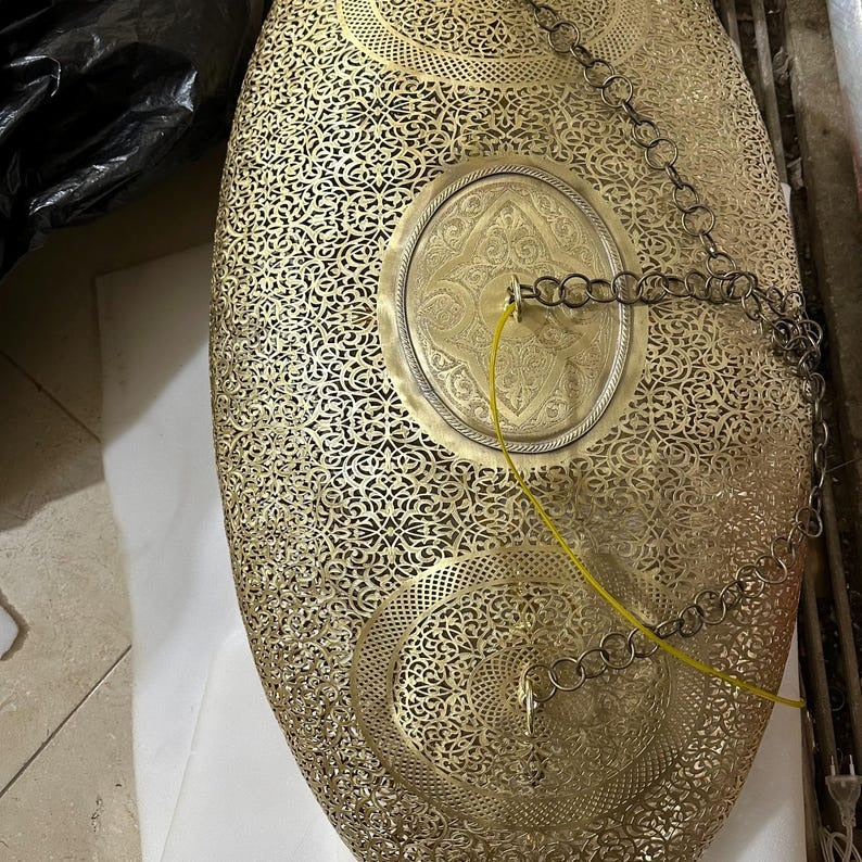 Large Moroccan Pierced Brass Oval Pendant Light, Handmade Moorish Filigree Chandelier, Boho Arabic Shadow Lamp, Luxury Gold Ceiling Light Fixture