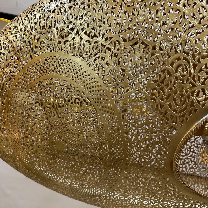 Large Moroccan Pierced Brass Oval Pendant Light, Handmade Moorish Filigree Chandelier, Boho Arabic Shadow Lamp, Luxury Gold Ceiling Light Fixture