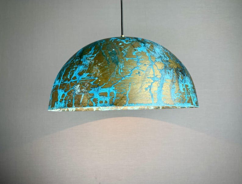 Handmade Moroccan Brass Pendant Light – Large Turquoise Patina Dome Ceiling Lamp with Antique Gold Finish and Artistic Distressed Texture