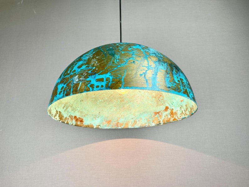Handmade Moroccan Brass Pendant Light – Large Turquoise Patina Dome Ceiling Lamp with Antique Gold Finish and Artistic Distressed Texture