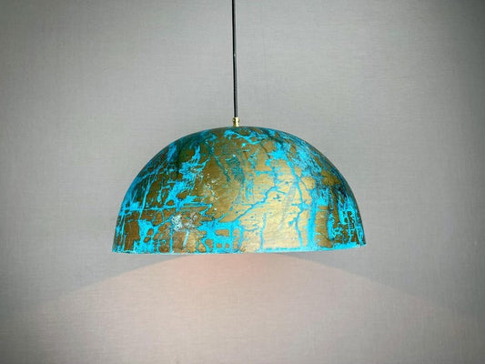 Handmade Moroccan Brass Pendant Light – Large Turquoise Patina Dome Ceiling Lamp with Antique Gold Finish and Artistic Distressed Texture