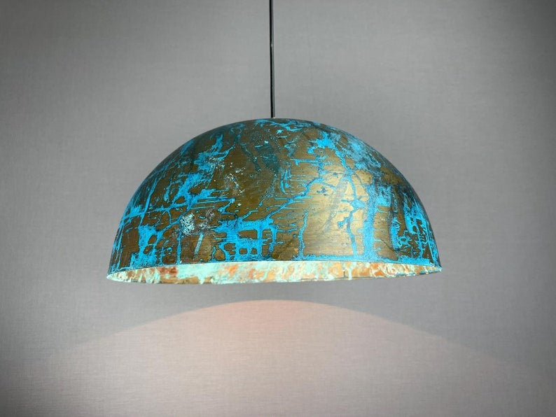 Handmade Moroccan Brass Pendant Light – Large Turquoise Patina Dome Ceiling Lamp with Antique Gold Finish and Artistic Distressed Texture