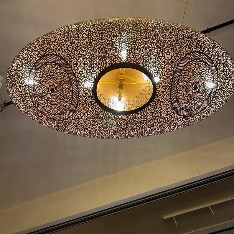 Large Moroccan Pierced Brass Oval Pendant Light, Handmade Moorish Filigree Chandelier, Boho Arabic Shadow Lamp, Luxury Gold Ceiling Light Fixture