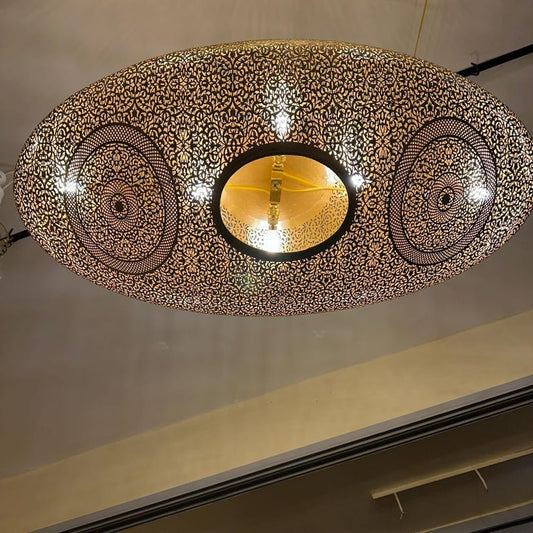 Large Moroccan Pierced Brass Oval Pendant Light, Handmade Moorish Filigree Chandelier, Boho Arabic Shadow Lamp, Luxury Gold Ceiling Light Fixture