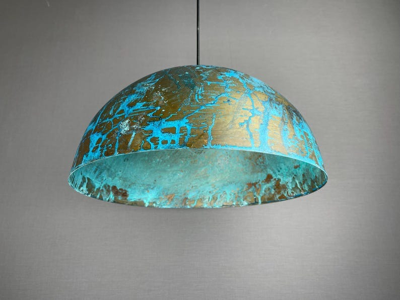 Handmade Moroccan Brass Pendant Light – Large Turquoise Patina Dome Ceiling Lamp with Antique Gold Finish and Artistic Distressed Texture