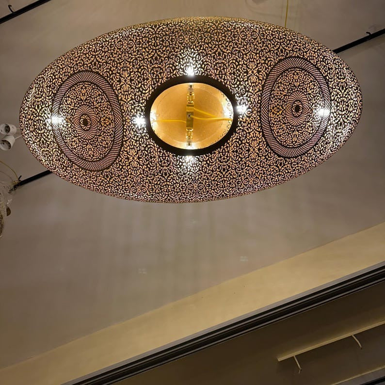 Large Moroccan Pierced Brass Oval Pendant Light, Handmade Moorish Filigree Chandelier, Boho Arabic Shadow Lamp, Luxury Gold Ceiling Light Fixture