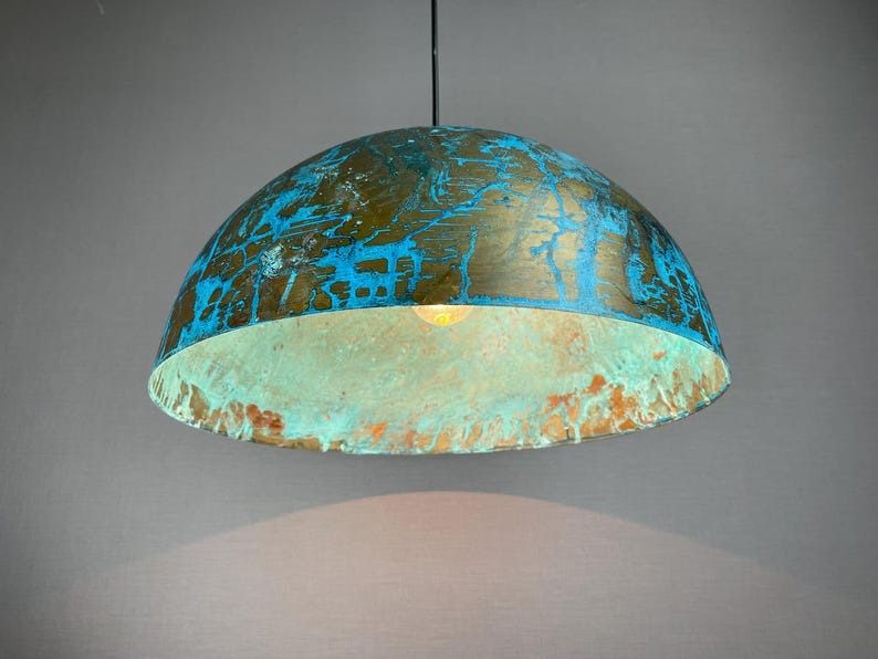 Handmade Moroccan Brass Pendant Light – Large Turquoise Patina Dome Ceiling Lamp with Antique Gold Finish and Artistic Distressed Texture
