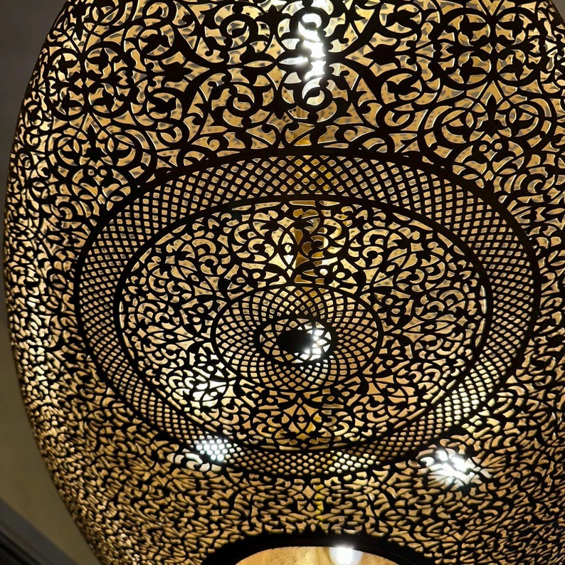 Large Moroccan Pierced Brass Oval Pendant Light, Handmade Moorish Filigree Chandelier, Boho Arabic Shadow Lamp, Luxury Gold Ceiling Light Fixture