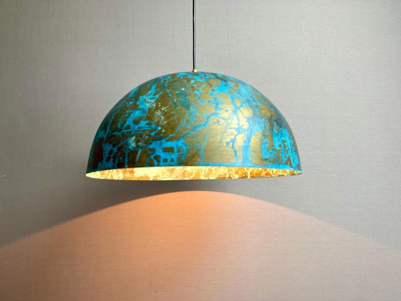 Handmade Moroccan Brass Pendant Light – Large Turquoise Patina Dome Ceiling Lamp with Antique Gold Finish and Artistic Distressed Texture