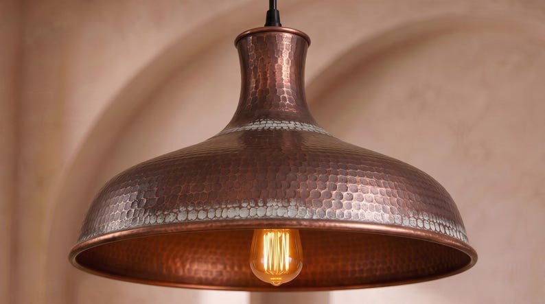 Handmade Moroccan Brass Pendant Light – Large Hammered Dome Ceiling Lamp with Antique Copper Finish, Wide Flared Shade & Warm Industrial Downlight
