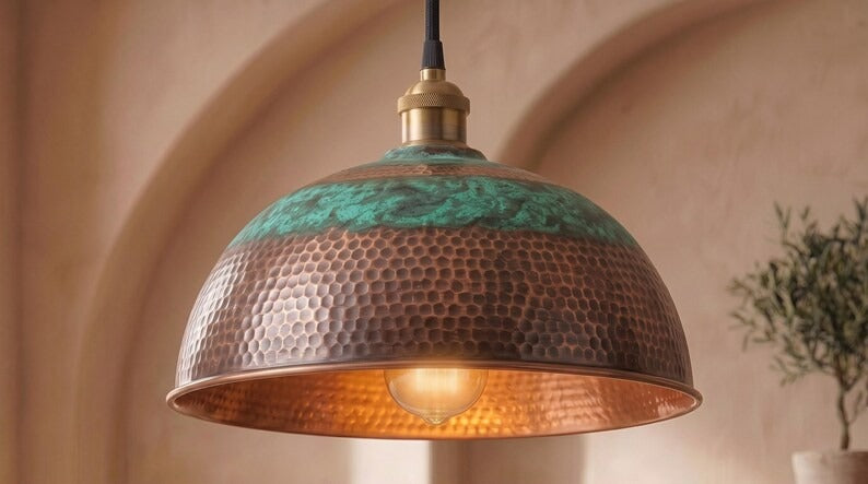 Handmade Moroccan Brass Pendant Light – Hammered Dome Ceiling Lamp with Verdigris Green Patina, Antique Copper Finish & Warm Downlight